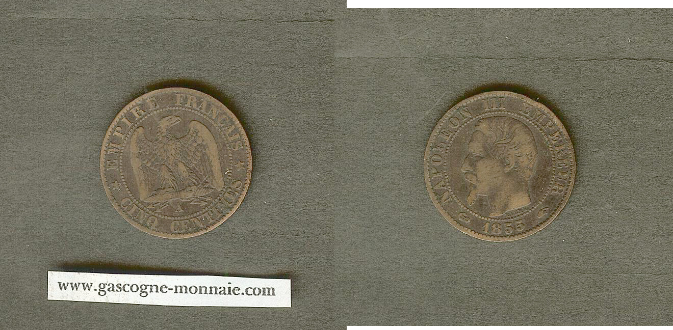 Cinq centimes Napoléon III, tête nue 1853 Paris TTB